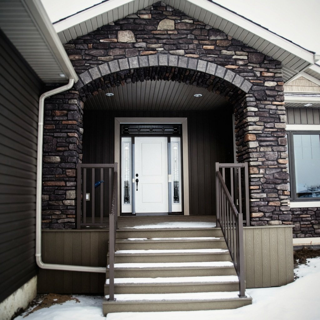 Custom home stone arch front entrance with covered porch and steps