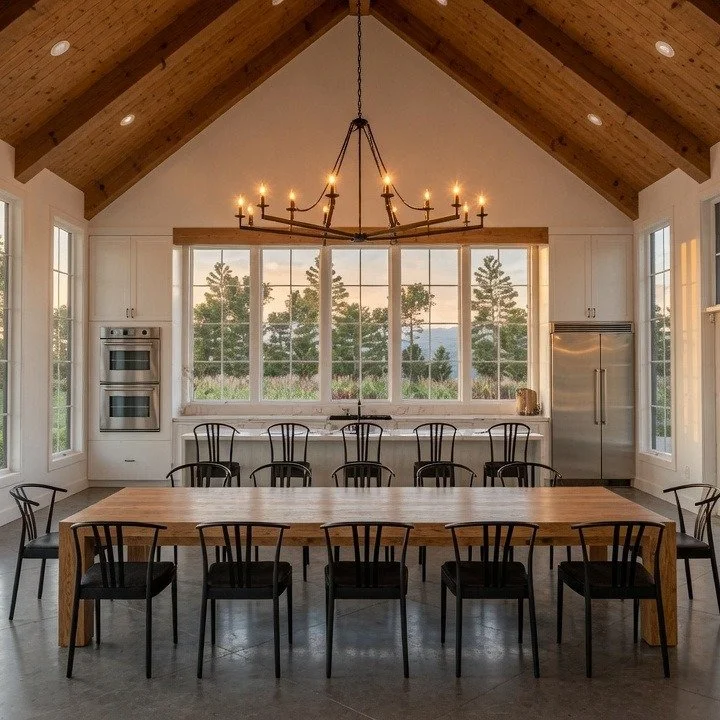 Custom home great room and dining area with vaulted wood ceiling and wall of windows