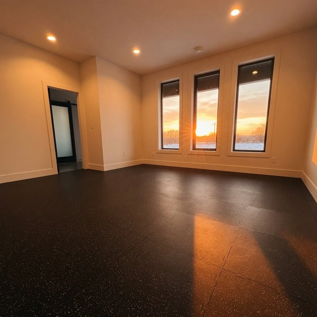 Custom home gym room with dark floor and windows at sunset