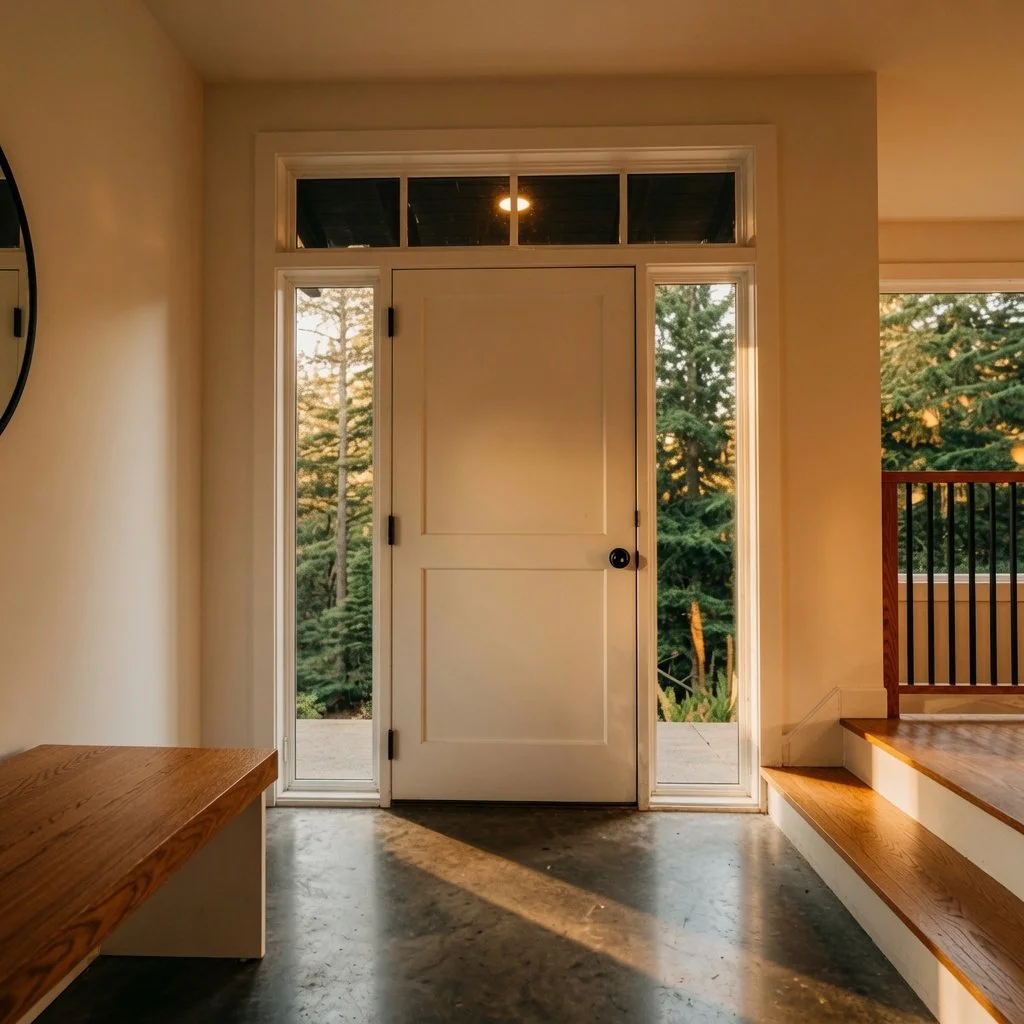 Custom home front entry with white door, transom window and bench