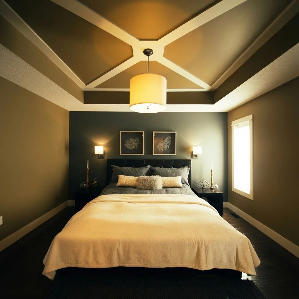 Custom home primary bedroom with vaulted ceiling, pendant light and upholstered bed