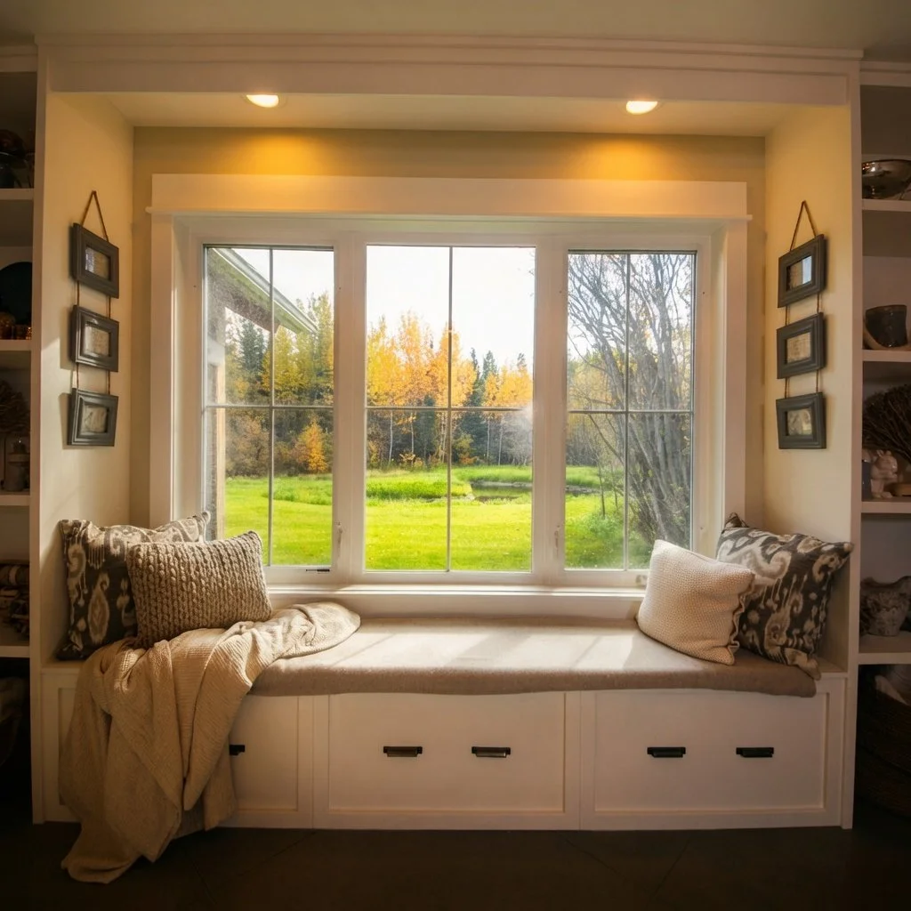Custom home built-in window seat with cushions overlooking the yard