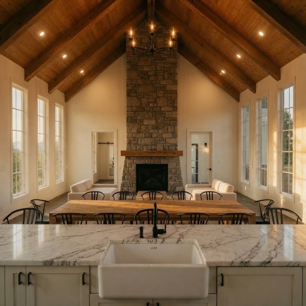 Custom home great room with vaulted wood ceiling, stone fireplace and open kitchen