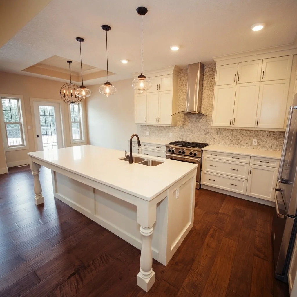 Custom home farmhouse kitchen with white cabinetry, large island and pendant lights