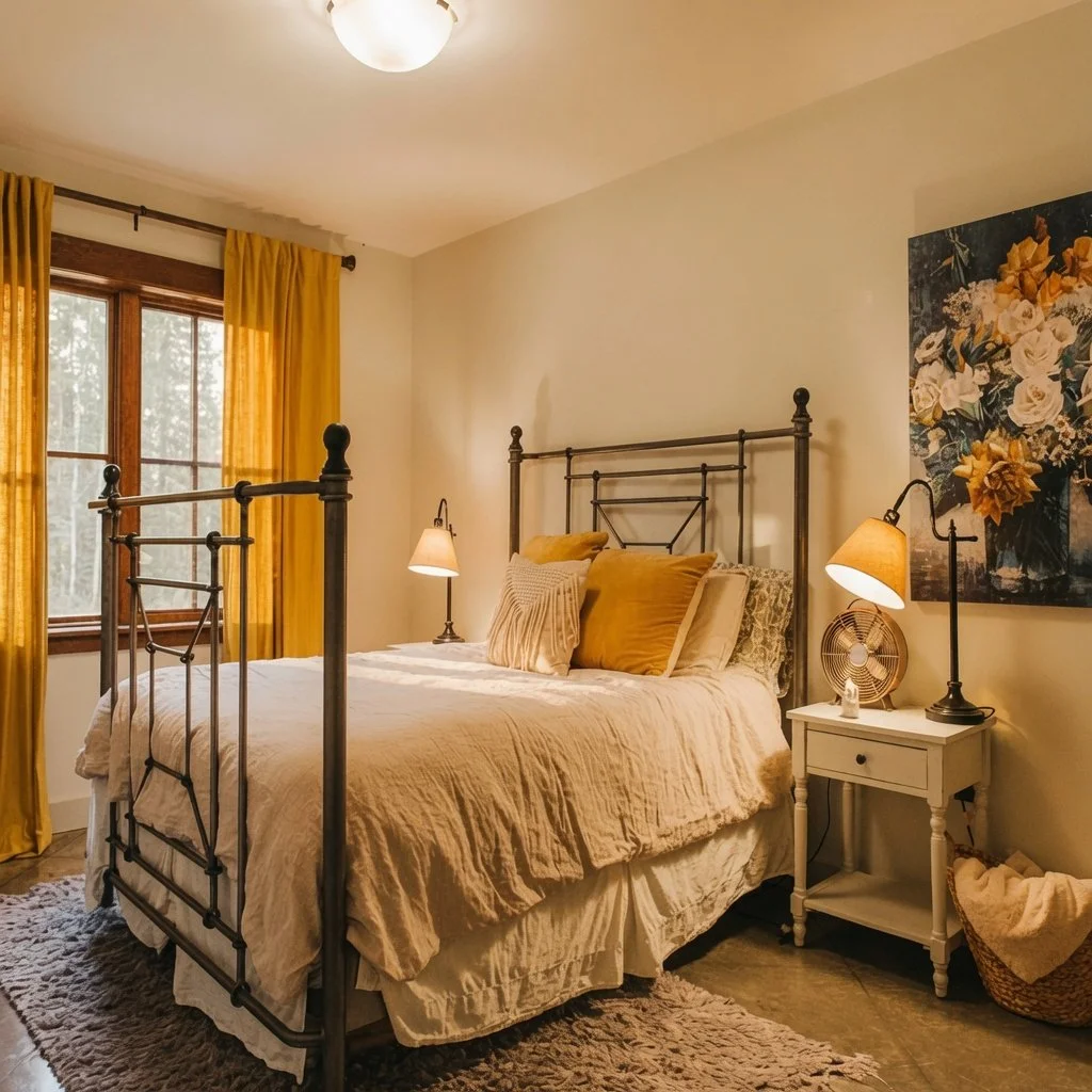 Custom home guest bedroom with wrought-iron bed frame and nightstands