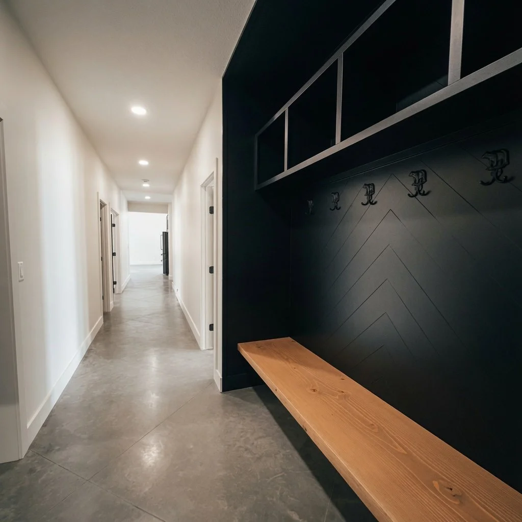 Custom home mudroom entry with wood bench and black wall of hooks