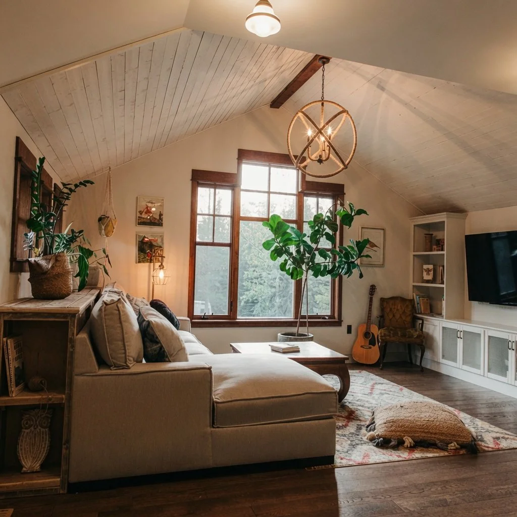 Custom home bonus room with vaulted plank ceiling and built-in media wall