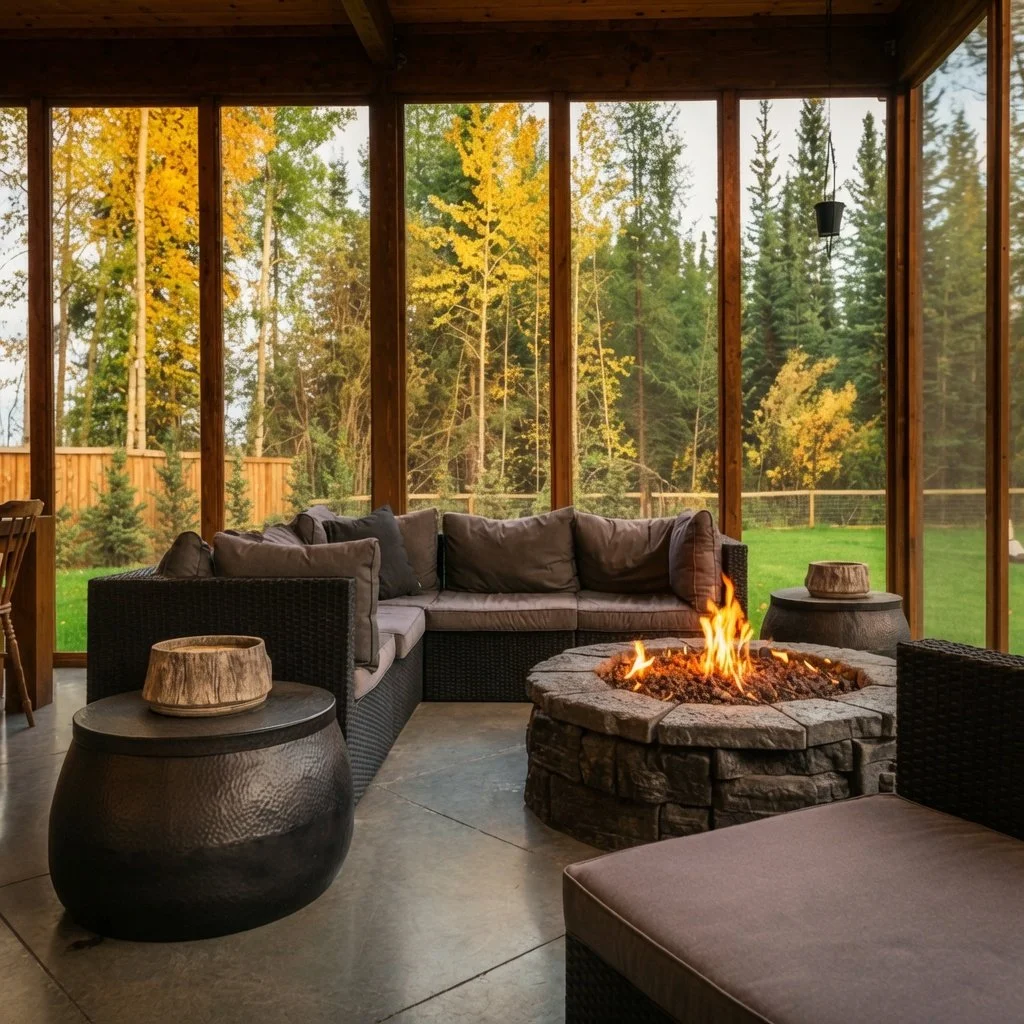 Custom home screened porch with fire pit and seating overlooking autumn trees