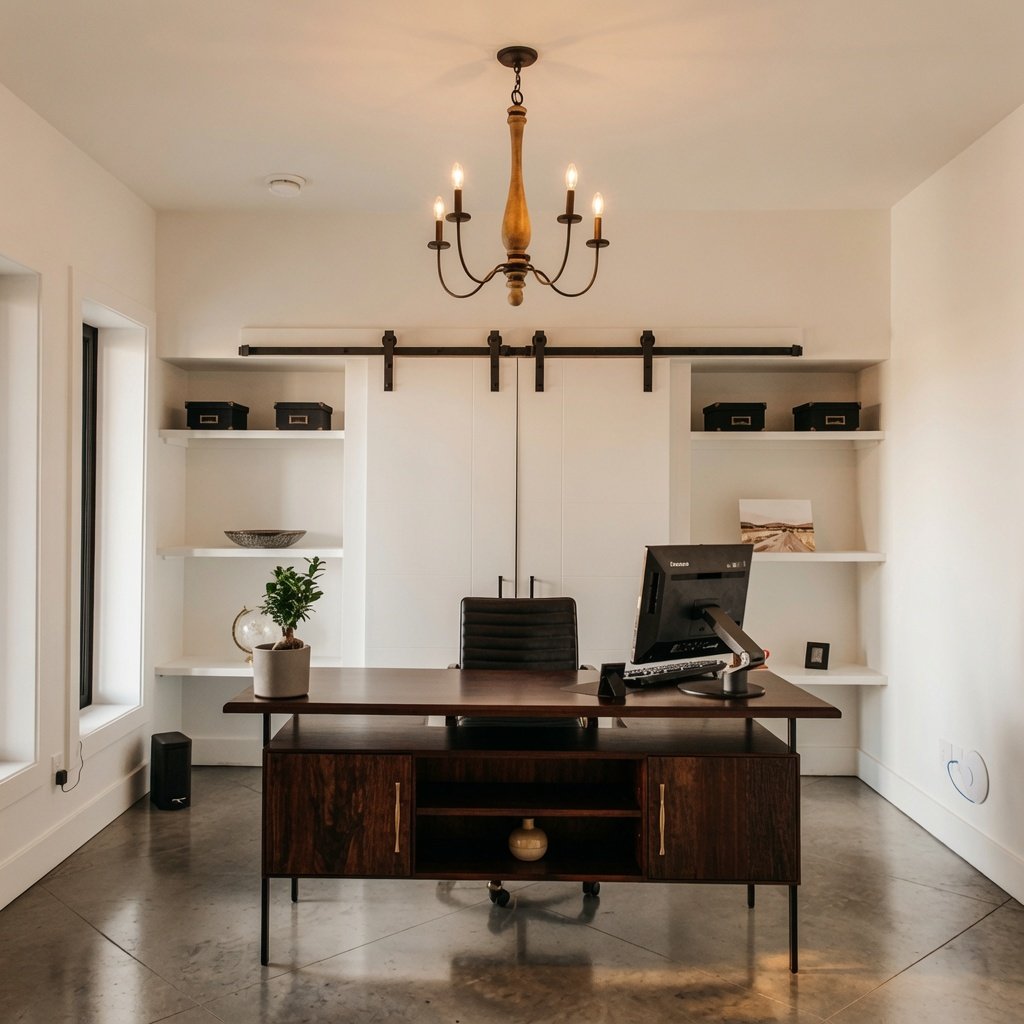 Custom home office with built-in shelving, desk and barn door