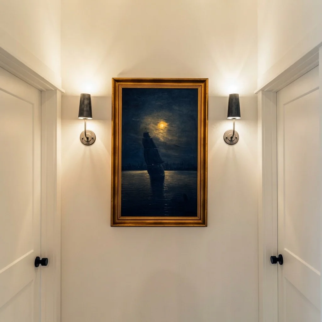 Custom home hallway art vignette with framed artwork and wall sconces