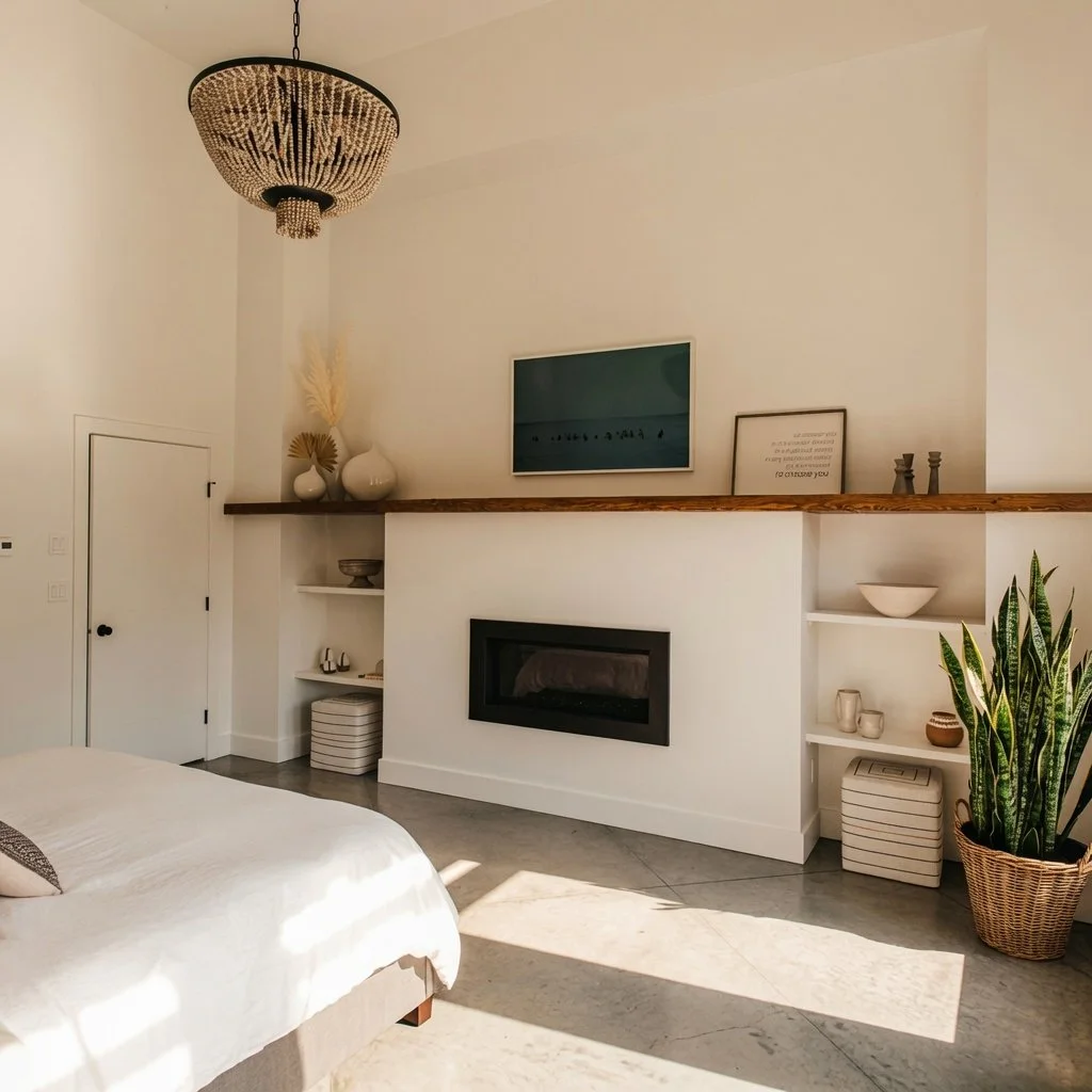 Custom home bedroom with linear fireplace built into a media feature wall