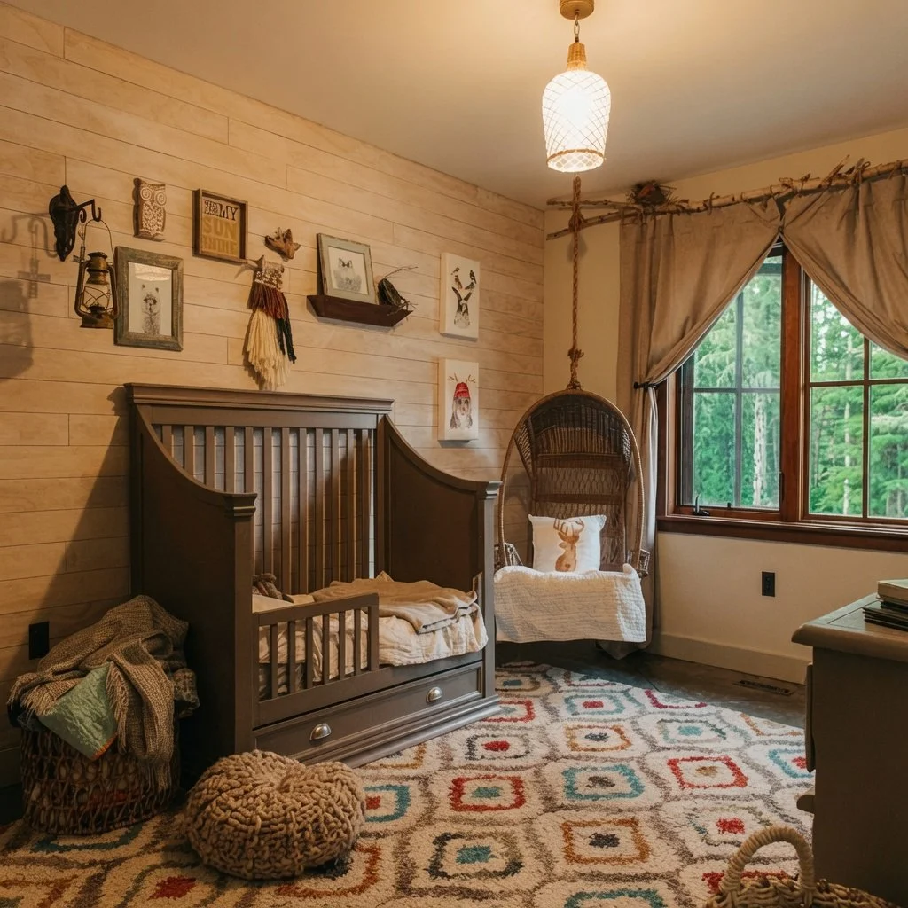 Custom home nursery with crib, patterned rug and pendant light