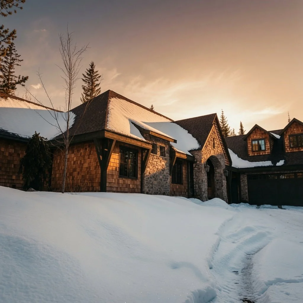 Custom home exterior at winter dusk with snow-covered yard