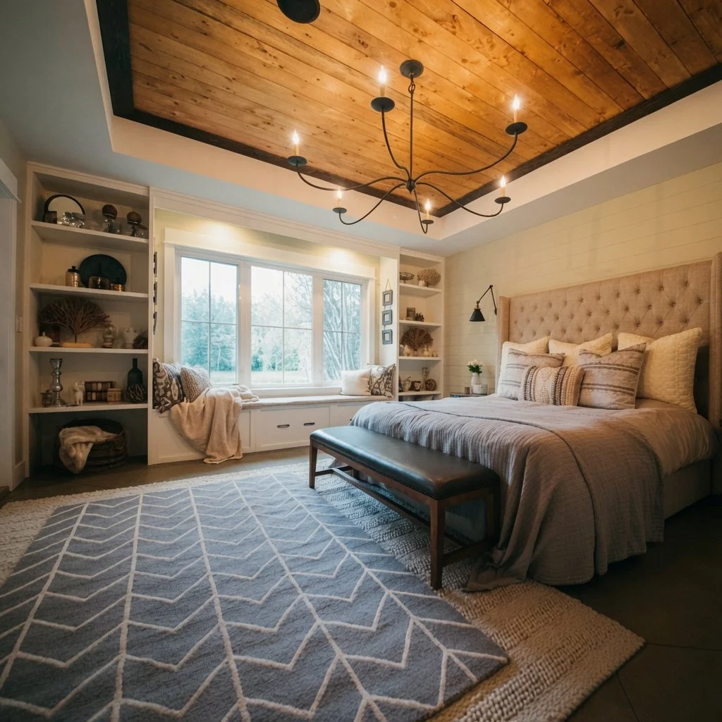 Custom home farmhouse primary bedroom with wood plank ceiling, chandelier and upholstered bed