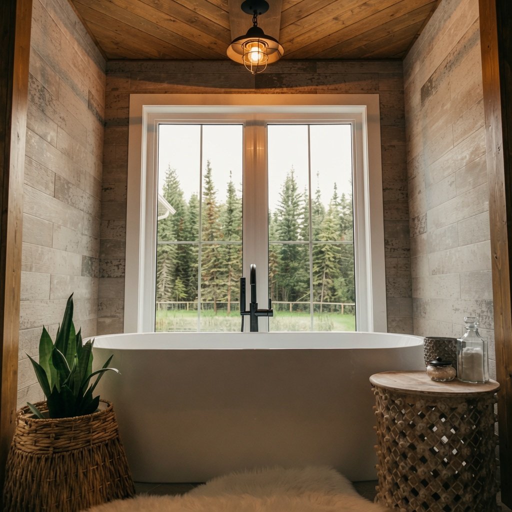 Custom home ensuite with freestanding tub beneath a window and wood plank ceiling