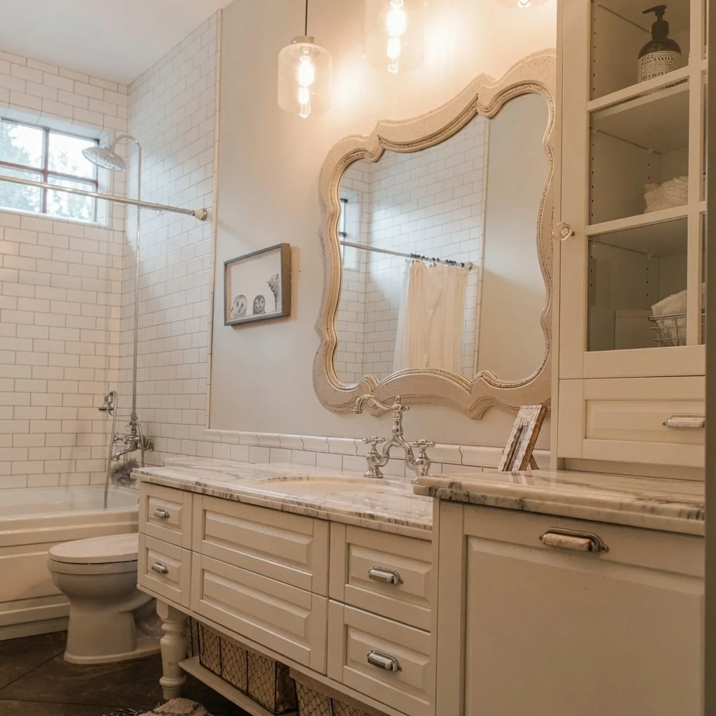 Custom home bathroom with marble-top vanity, ornate mirror and subway tile