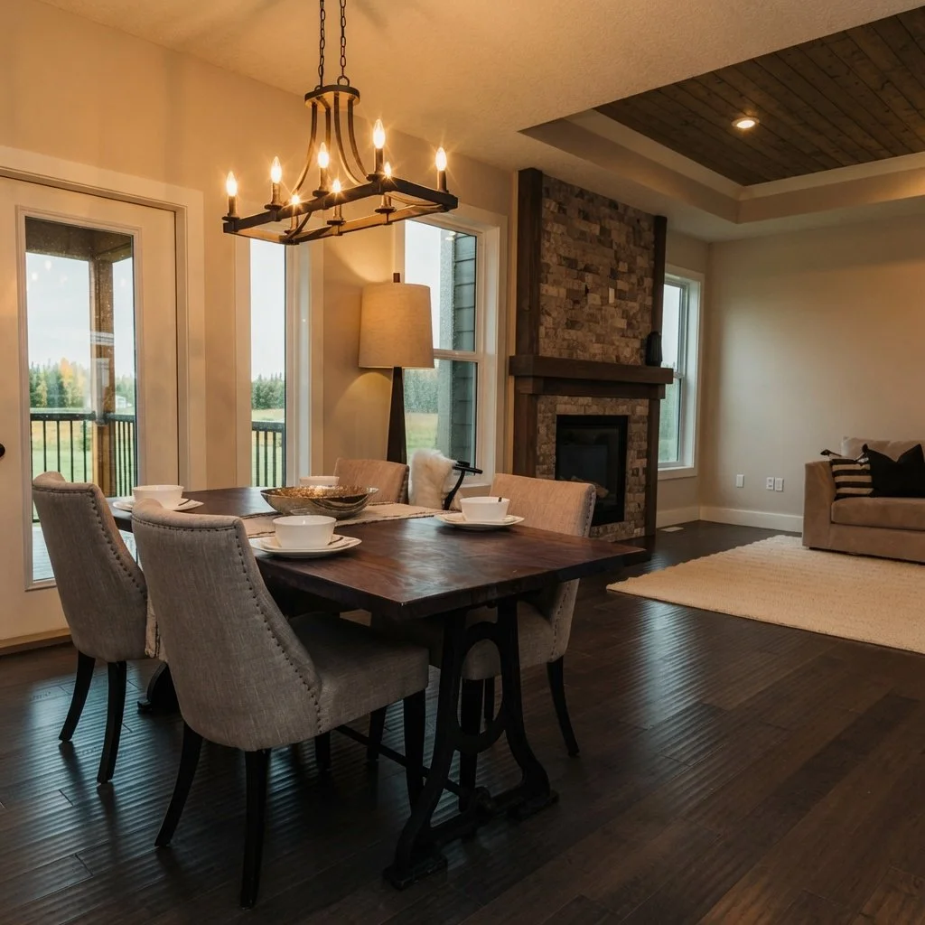 Custom home open dining and living area with chandelier and stone fireplace