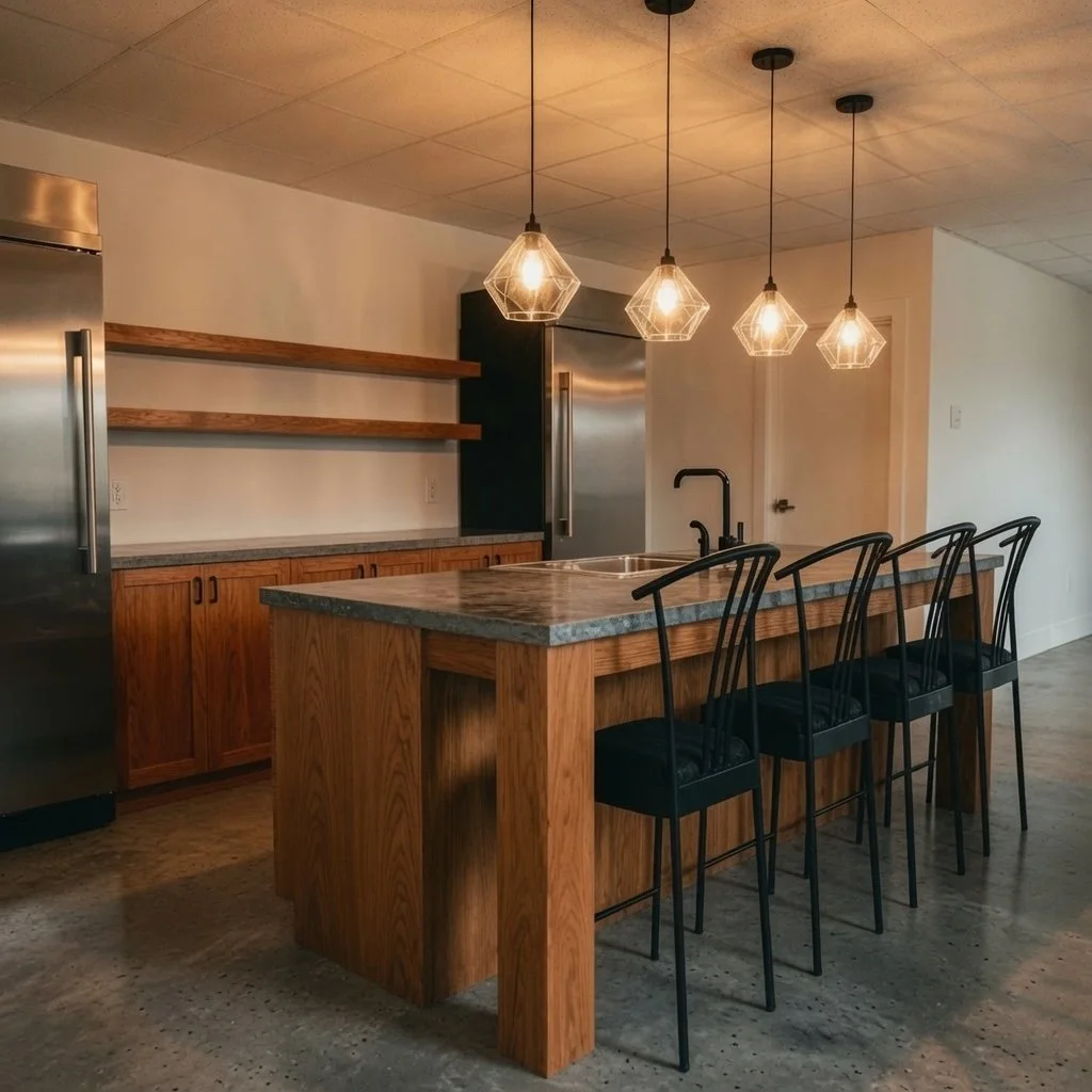 Custom home kitchen bar with wood island, bar stools and pendant lights