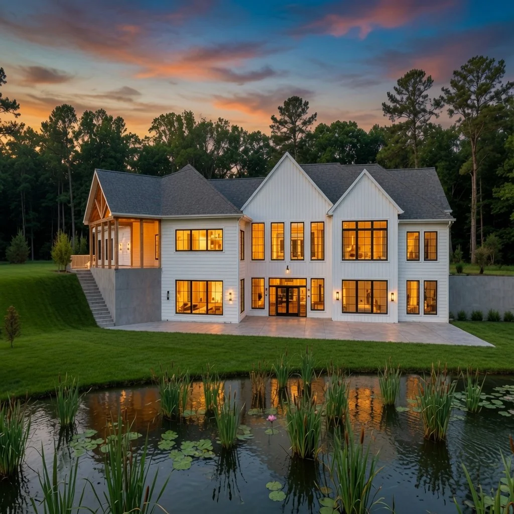 Custom home farmhouse exterior at dusk reflected in a pond with lit windows