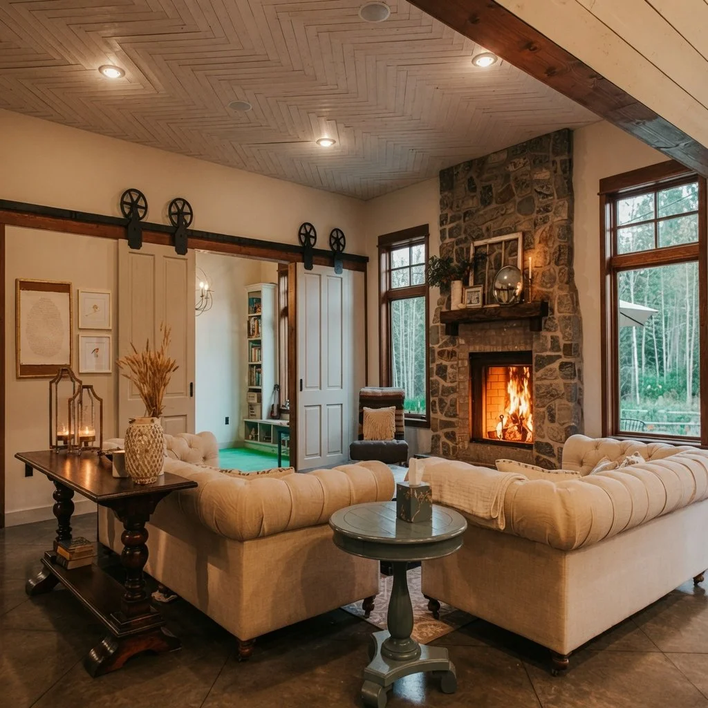 Custom home great room living area with sectional sofa and lit stone fireplace