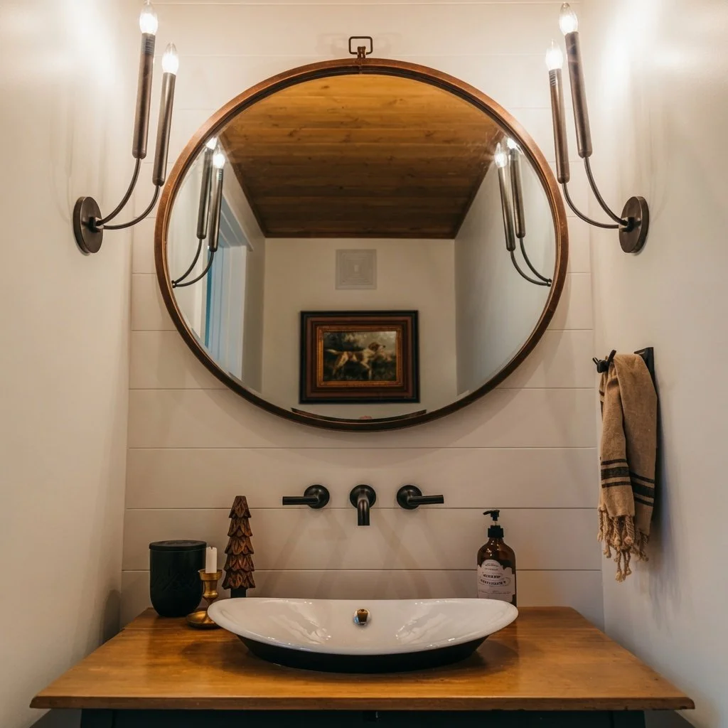 Custom home powder room with round wood-framed mirror and vessel sink