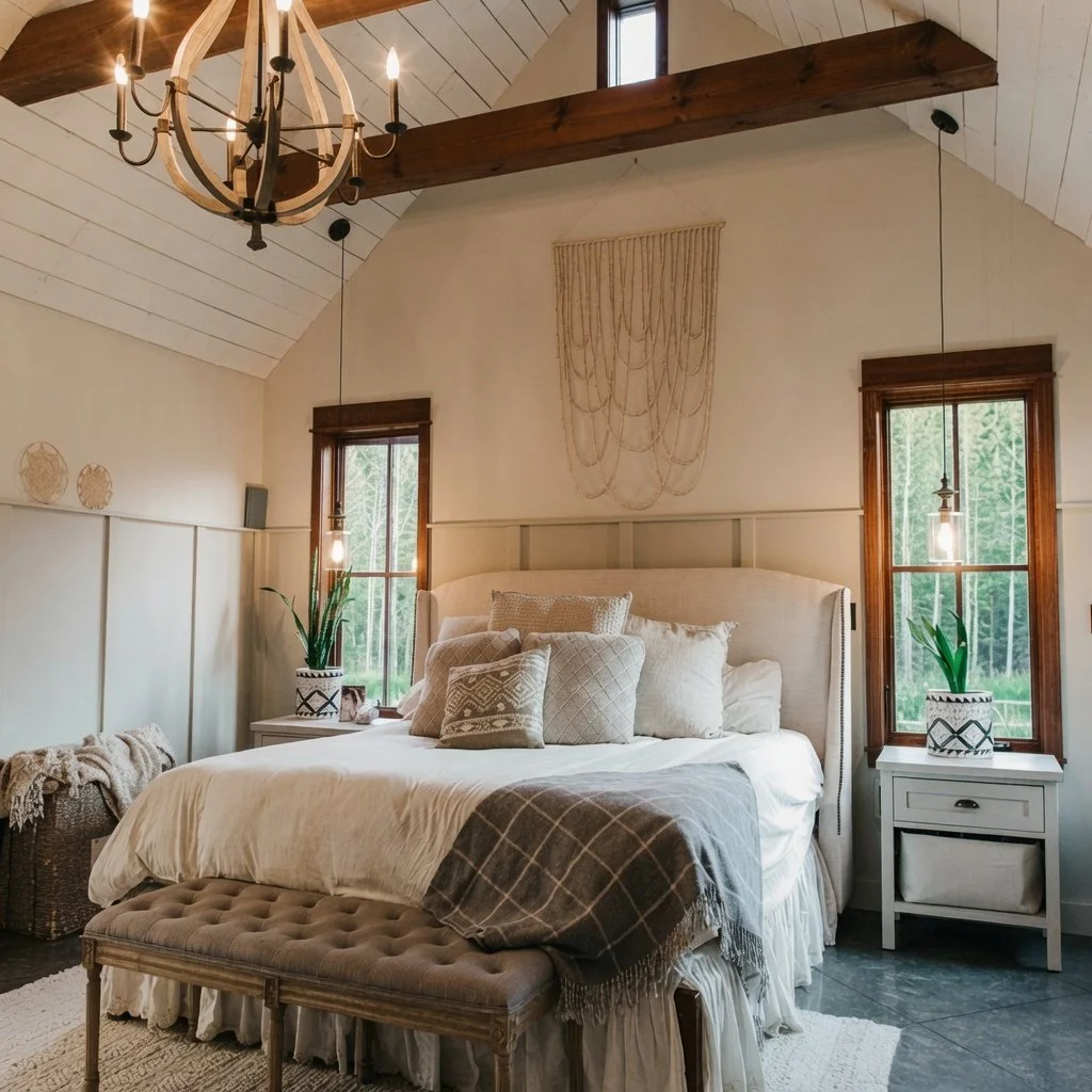 Custom home primary bedroom with vaulted wood-beam ceiling and upholstered bed