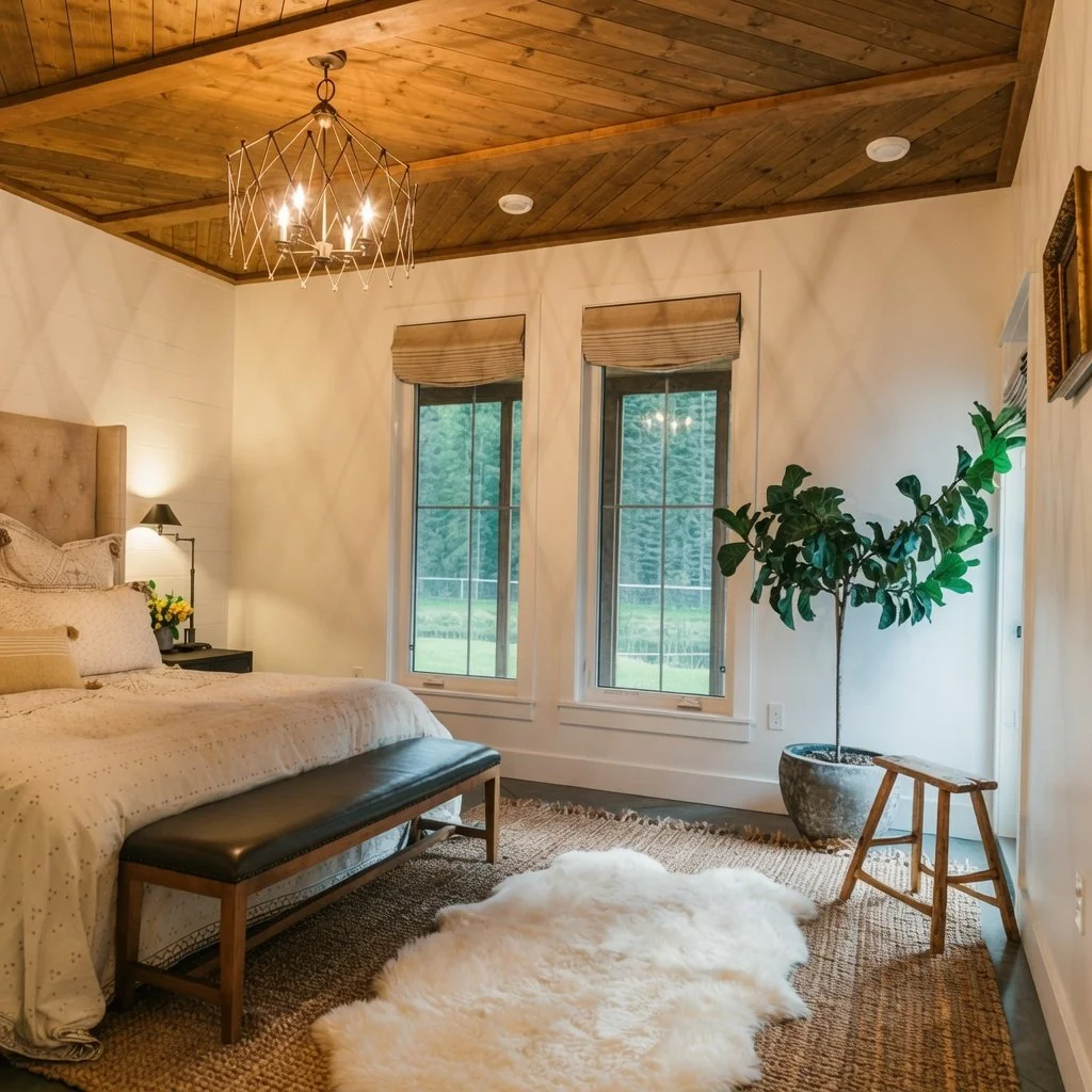 Custom home primary bedroom retreat with wood plank ceiling and chandelier