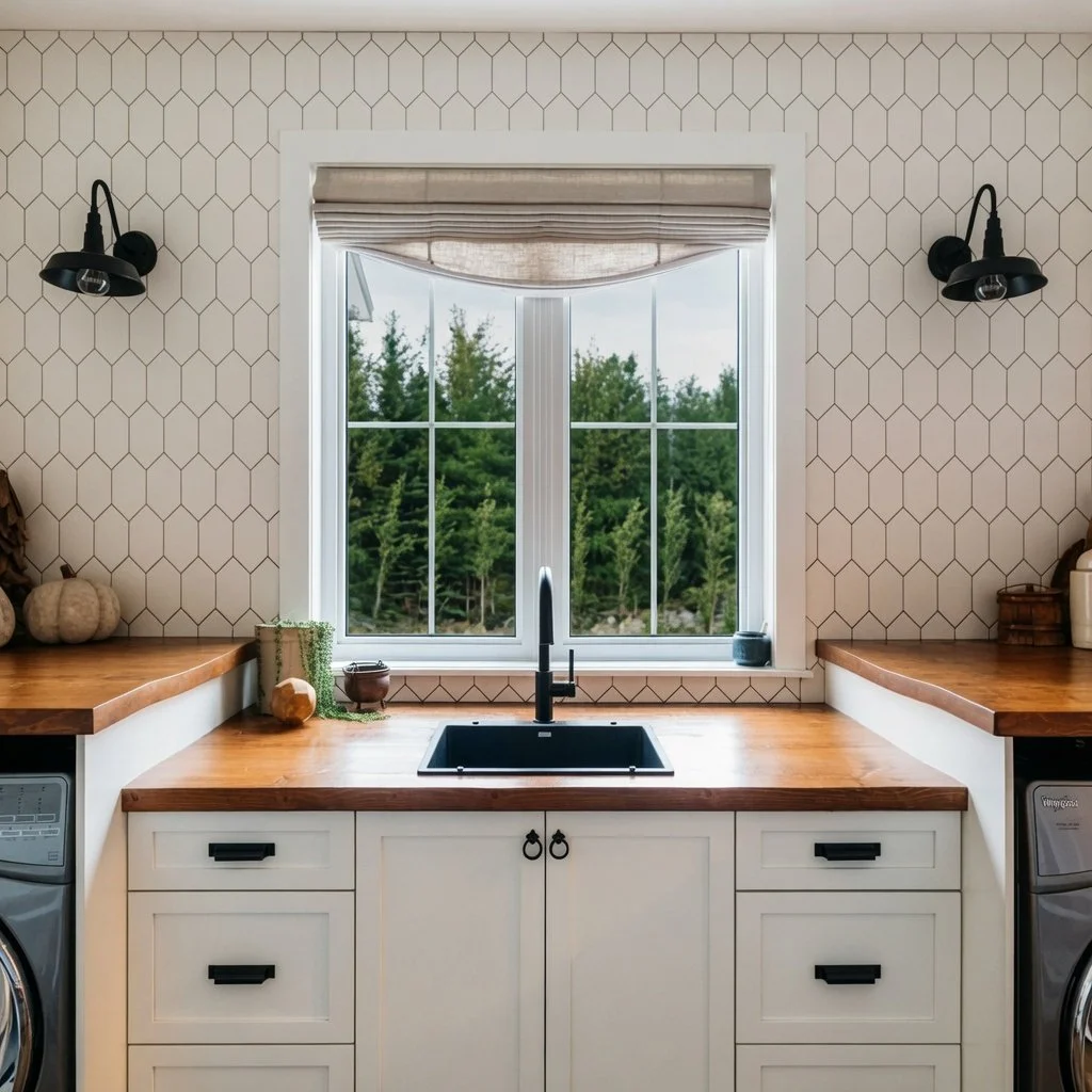Custom home laundry room with hexagon tile backsplash and farmhouse sink