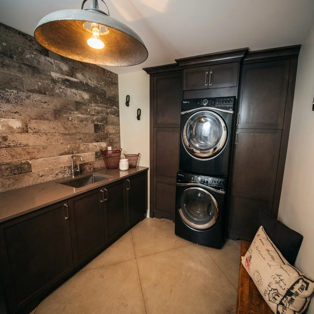 Custom home laundry room with dark cabinetry, stacked washer and dryer and stone accent wall