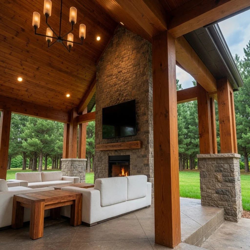 Custom home covered outdoor patio with stone fireplace and seating under a wood ceiling