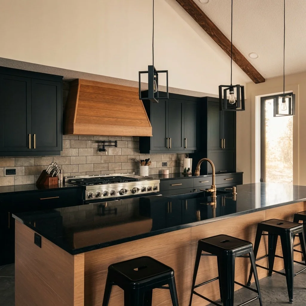 Custom home kitchen with navy cabinetry, wood range hood and island with stools