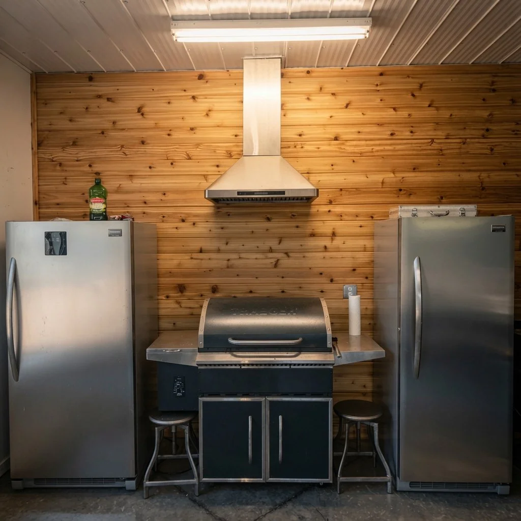 Custom home outdoor cooking station with grill and stainless fridges