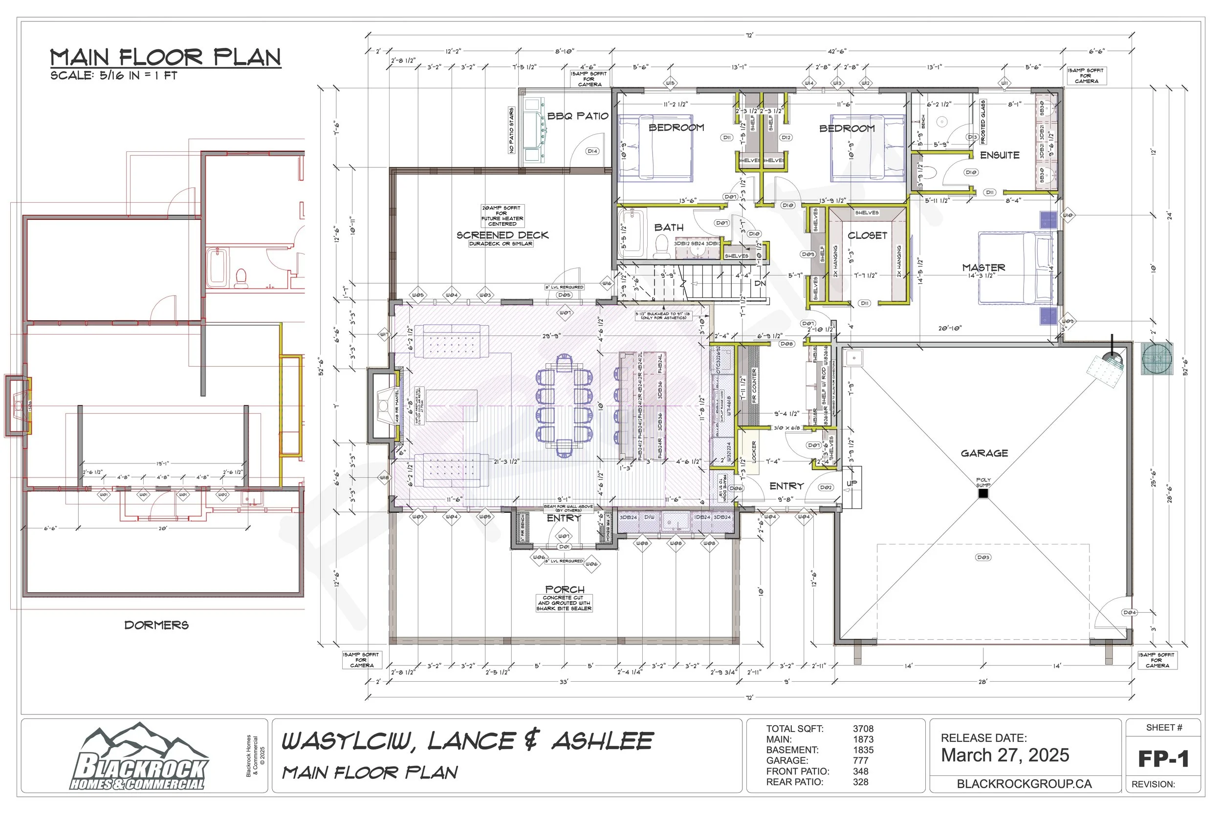 Architectural floor plan for a residential house including rooms labeled as screened deck, bedrooms, bathrooms, entry, garage, and porch. The plan features dimensions and layout details, release date March 27, 2025.