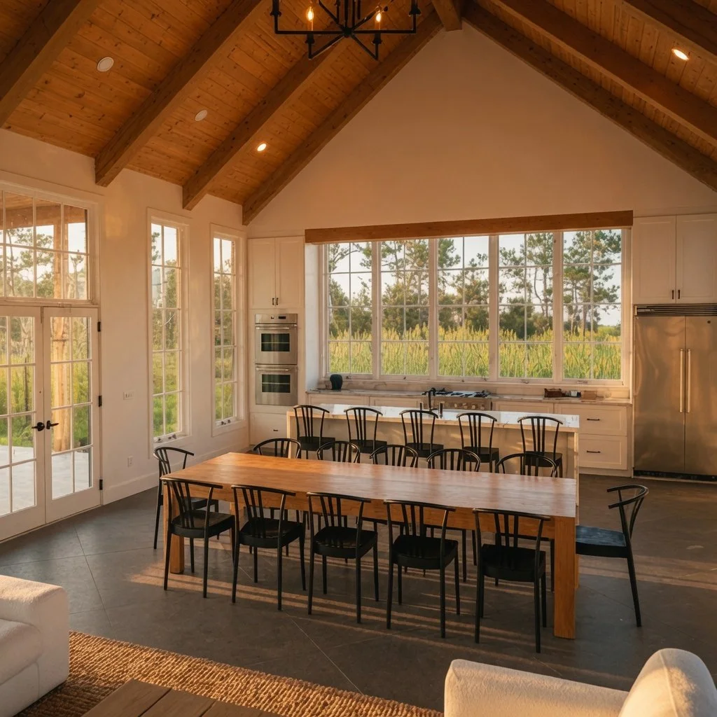 Custom home open great room and dining area with vaulted wood ceiling and wall of windows