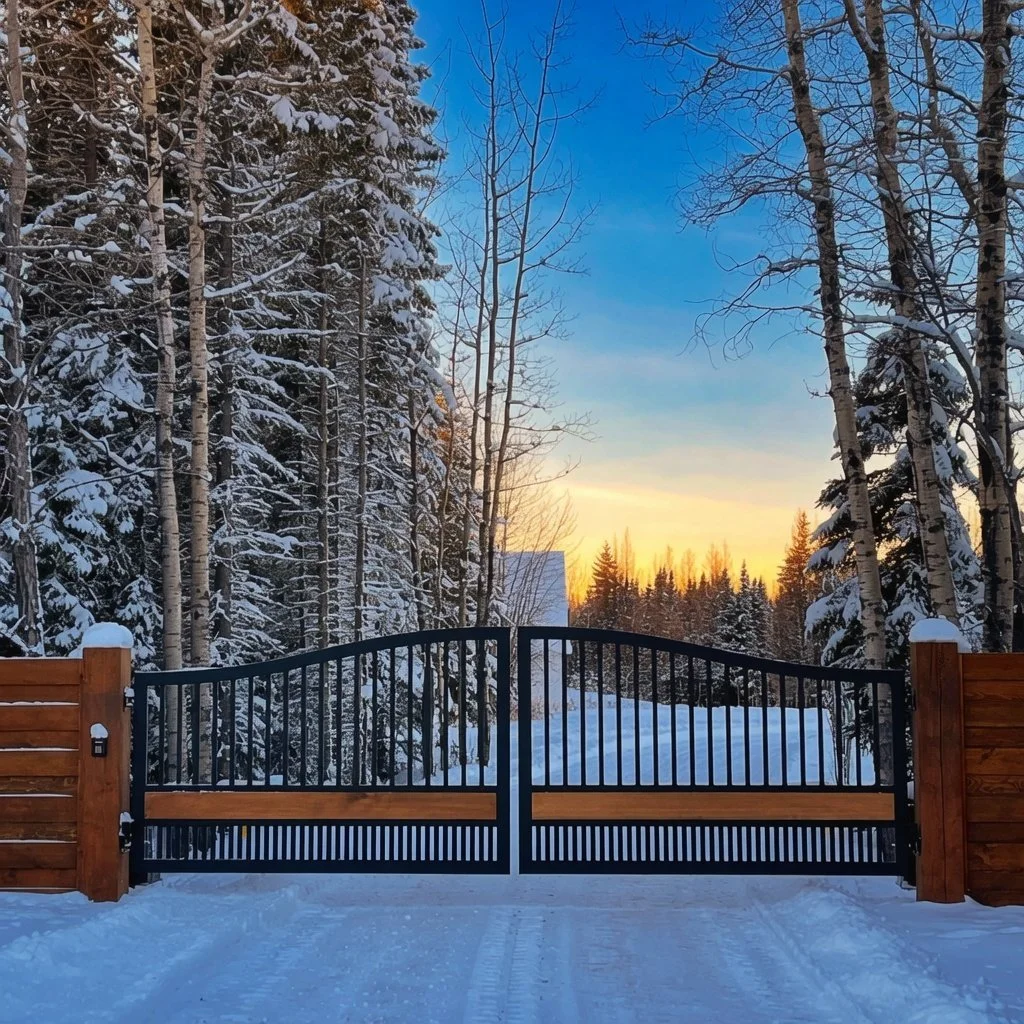 Custom home property entrance gate in winter with snow and sunset sky