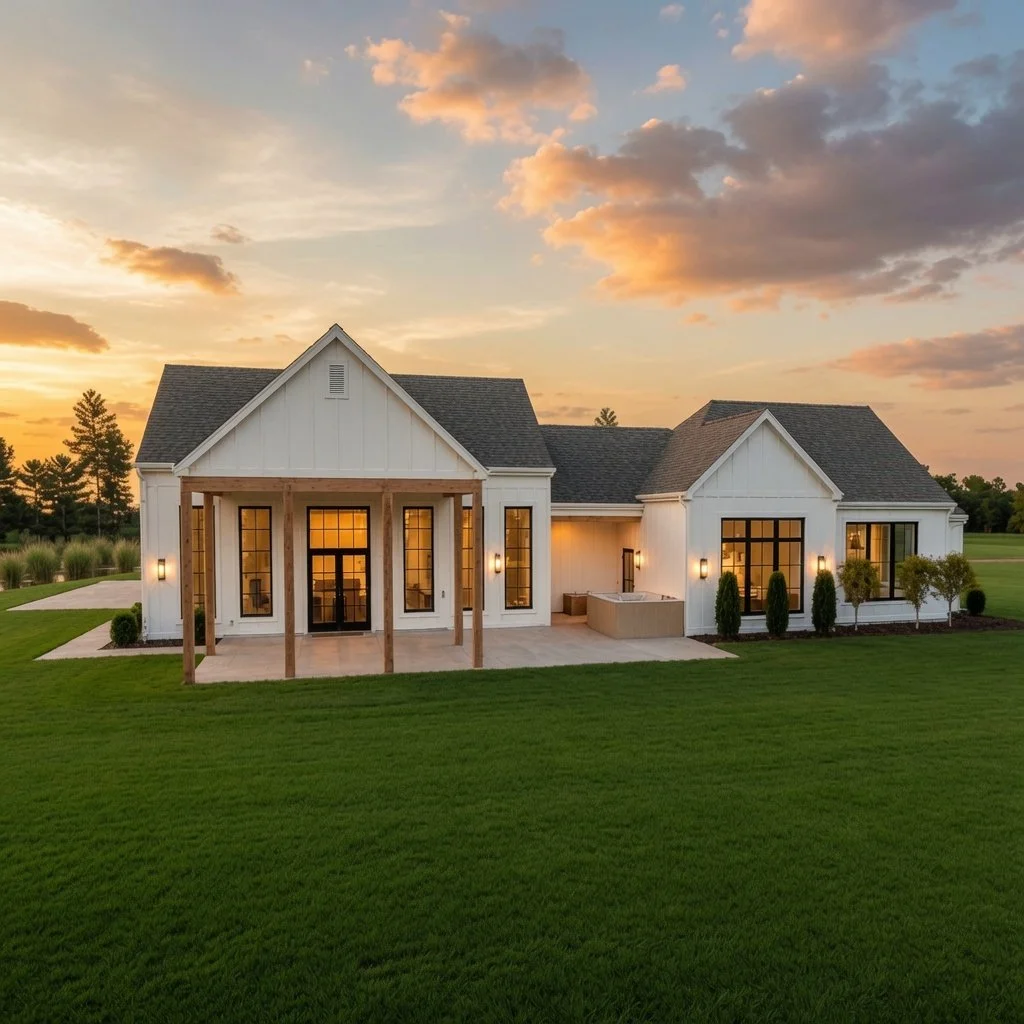 Custom home white farmhouse exterior at sunset with warm interior lighting