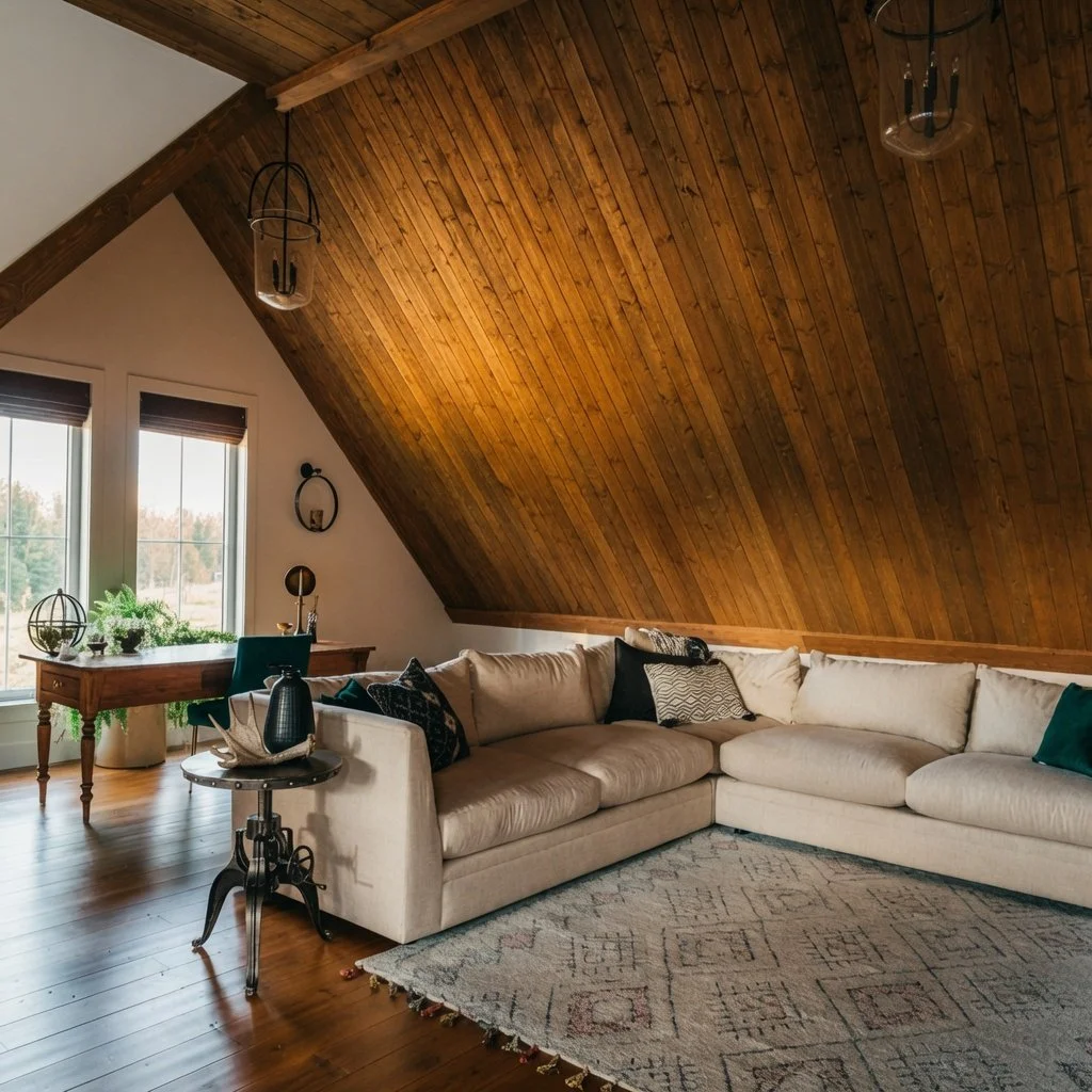 Custom home loft living area with dramatic vaulted wood ceiling