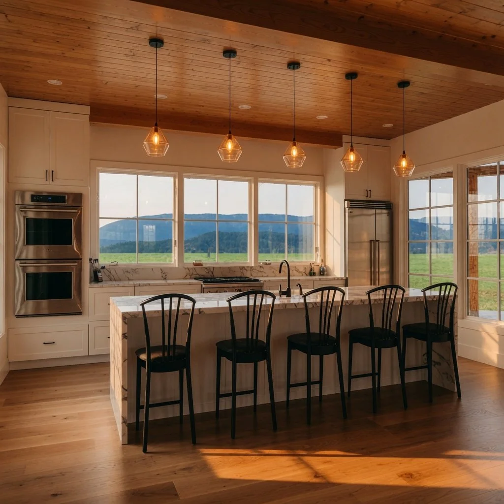 Custom home kitchen with large island seating, pendant lights and wall ovens