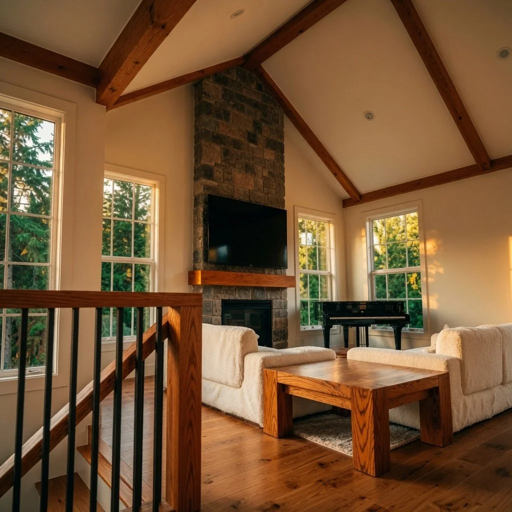 Custom home loft living area with vaulted beam ceiling and stone fireplace