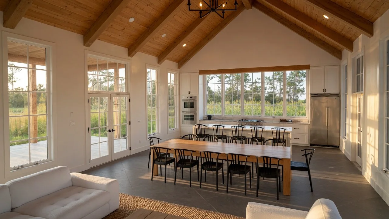 Vaulted timber kitchen and dining in a Grande Prairie custom home builder acreage home
