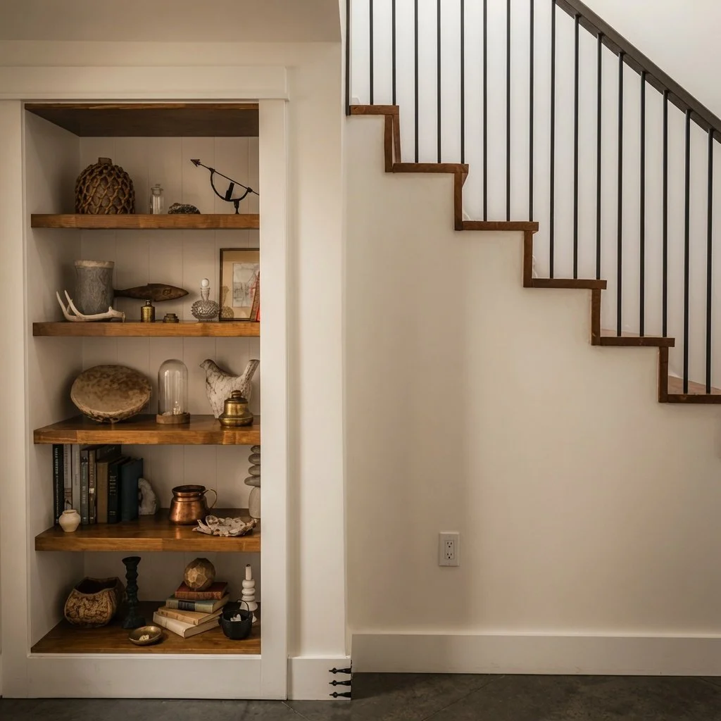 Custom home built-in display shelving beside a staircase