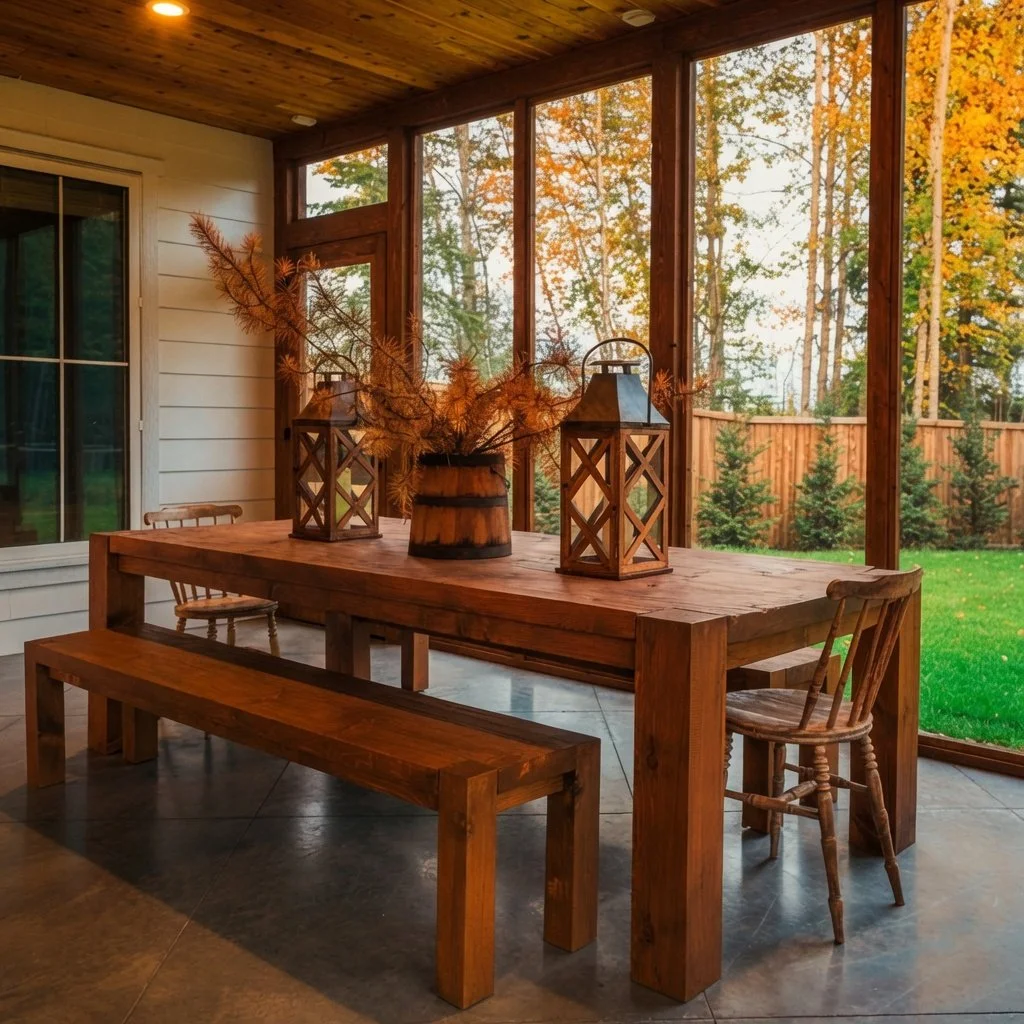 Custom home screened porch with wood dining table overlooking autumn trees