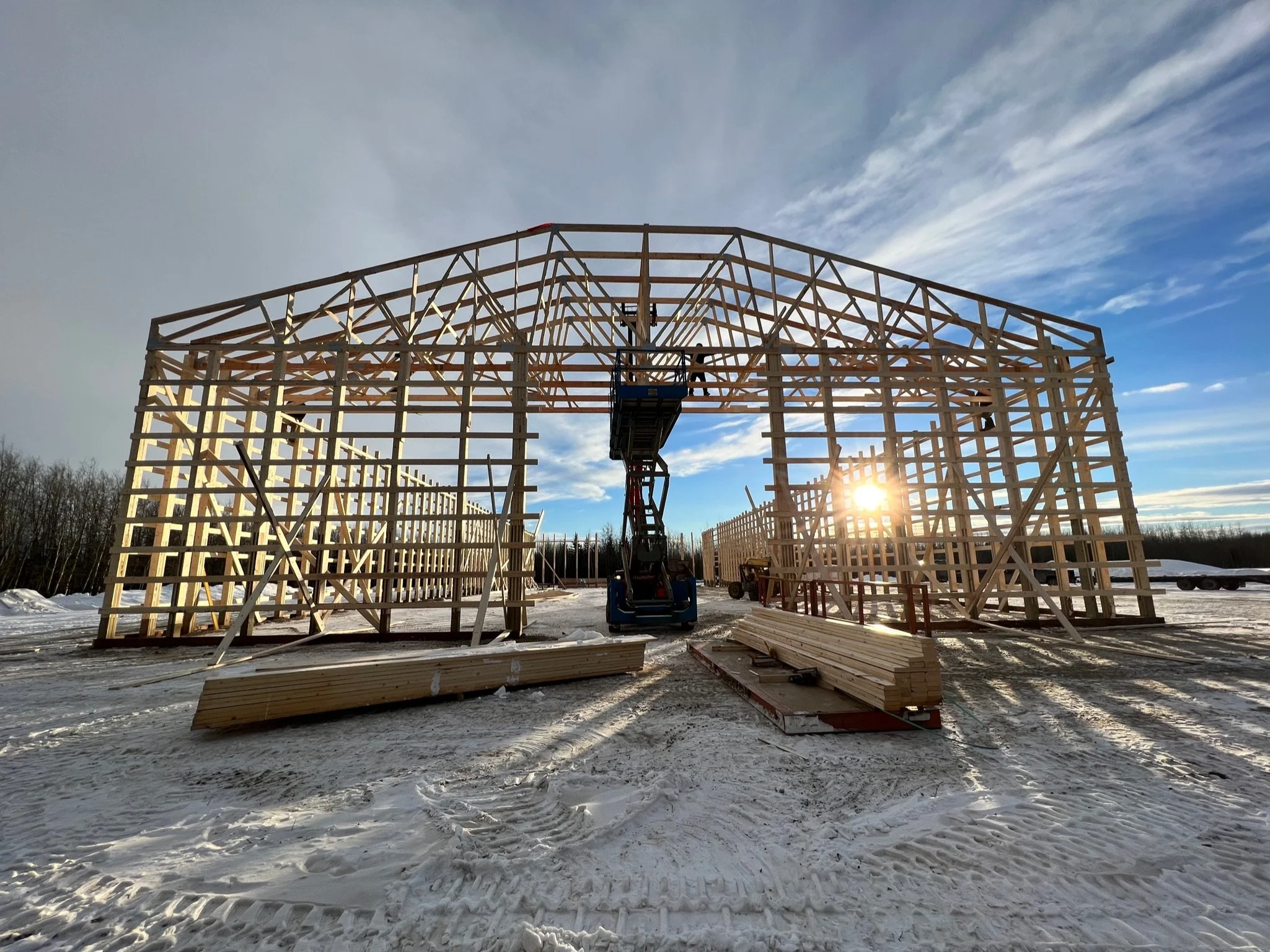 Truss installation on a pole building at a Commercial Project by Blackrock Homes & Commercial in Grande Prairie, Alberta