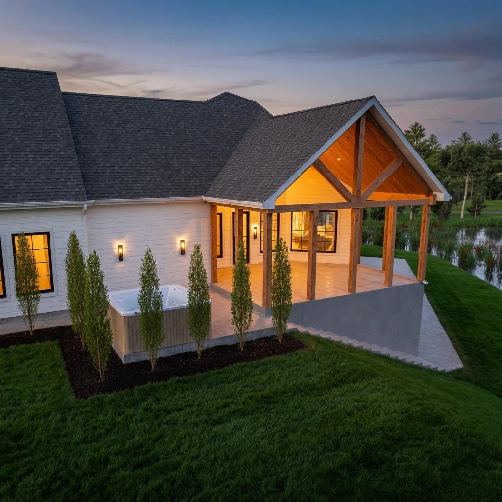Custom home craftsman exterior at dusk with covered patio and warm lighting