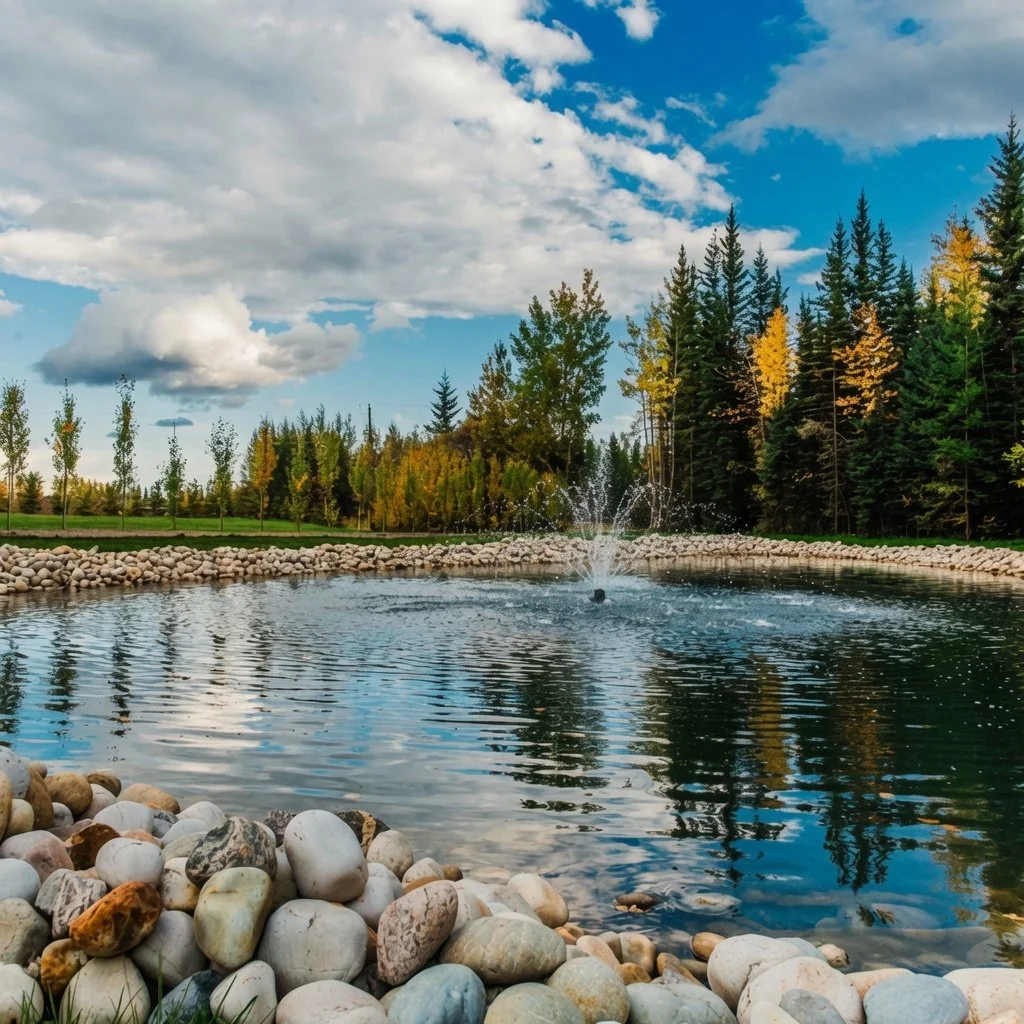 Custom home landscaped backyard pond with fountain and rock edging