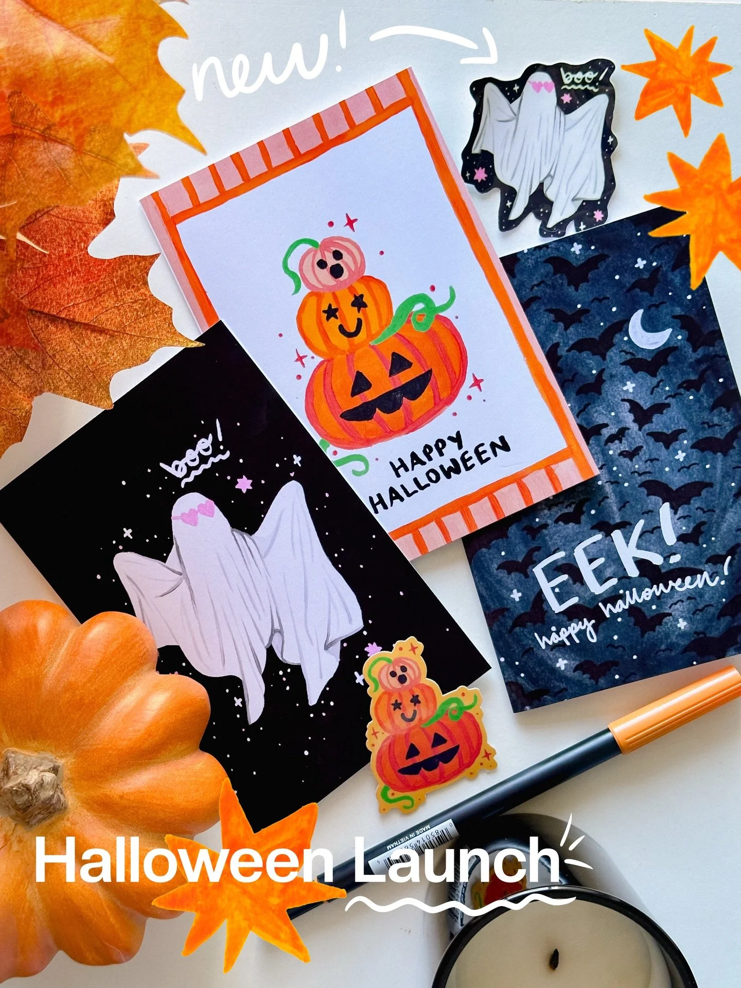 BOO! Surprise!!! Halloween mini launch is up on Etsy and on sale NOW! 👻

Shop 3 new greeting cards and 2 new stickers 🤩 all 20% off to celebrate the launch!

Order now to get them in time for Halloween 🎃