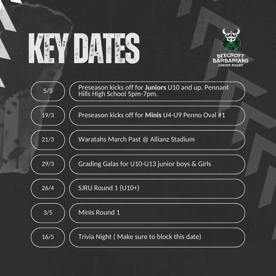 🏉 BBJRU 2026 &ndash; Key Dates Are Locked In
 Winter rugby is closer than you think 👀

✔ Juniors (U10+) Getting underway
✔ Minis (U4&ndash;U9) kick off 19 March
✔ Grading Galas &ndash; 29 March
✔ Round 1 approaching fast

If rugby is on your radar 