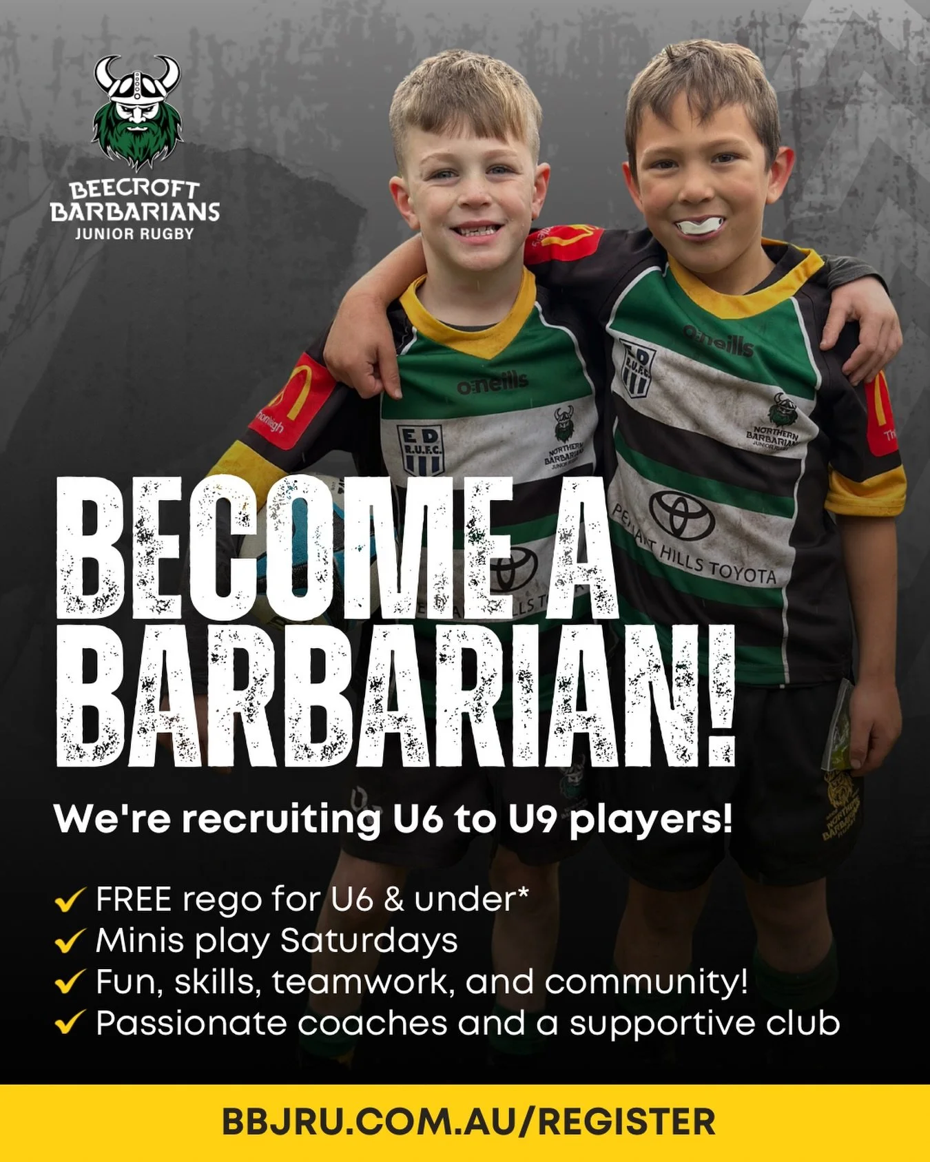 Got a future Barbarian at home? 🏉

We&rsquo;re welcoming U6&ndash;U9 players to join our Minis teams this season.

No experience needed! Just kids who love to run, learn new skills, and have a crack with their mates.
Registrations are open now.

DM 