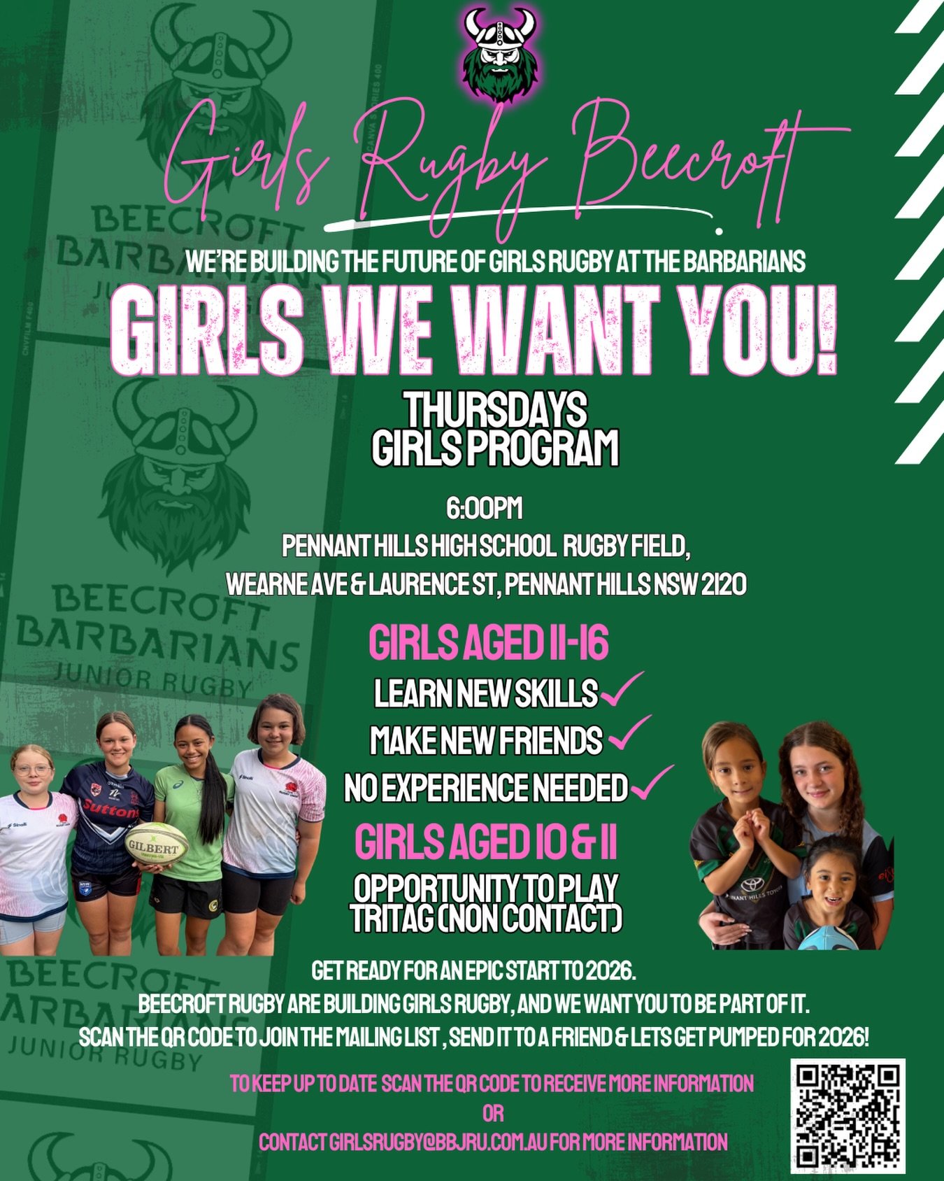 💥 GIRLS WE WANT YOU! 💥

Beecroft Barbarians are building girls rugby and we&rsquo;re looking for new players.

🏉 Girls 11&ndash;16 &ndash; Join our Thursday girls program
🏉 Girls 10&ndash;11 &ndash; Play Tri Tag (non-contact)

No experience neede