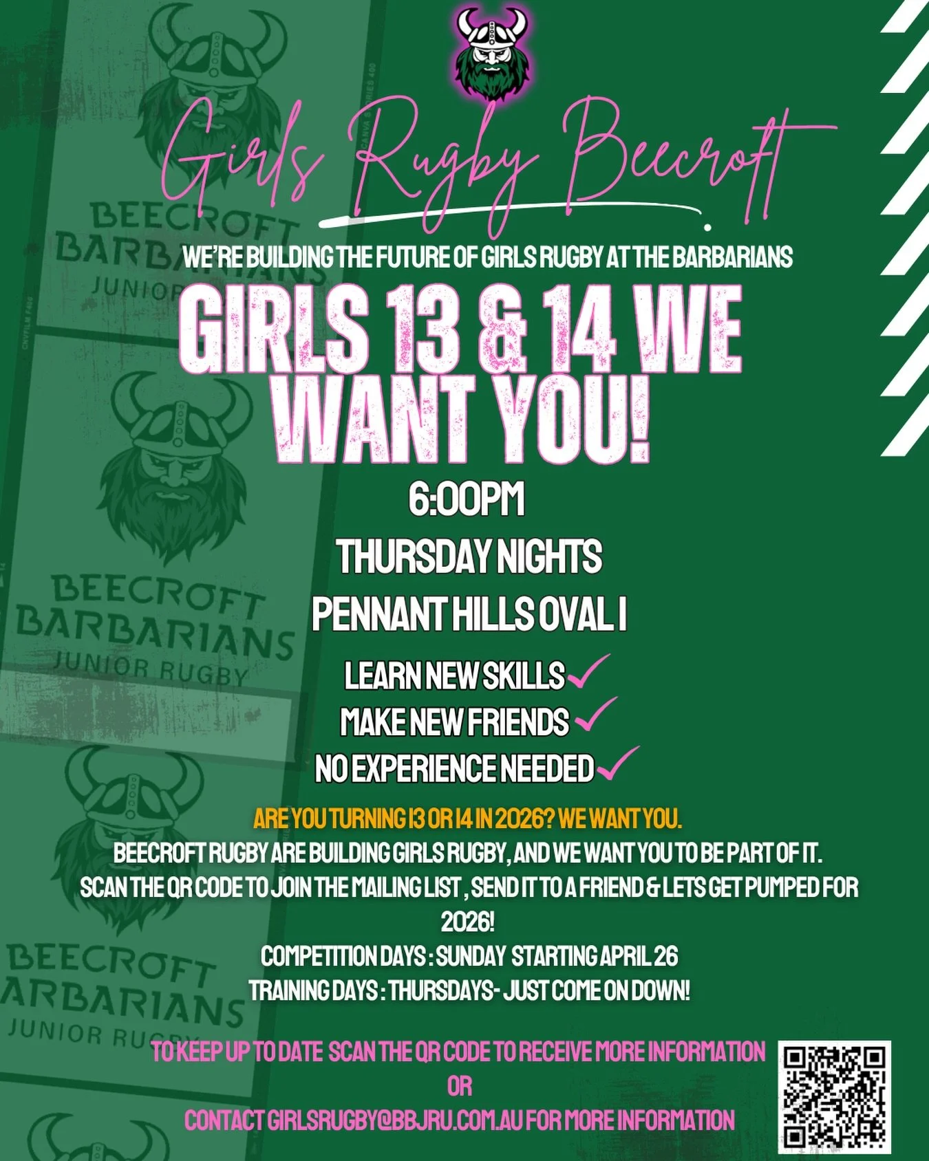 Girls 13s &amp; 14s this is your sign 👀🏉

Been thinking about rugby? Come and give it a go TONIGHT or any Thursday night at 6pm 💥

No experience needed ✅
No pressure ✅
Just show up and play 👊

Learn new skills. Meet your crew. Be part of somethin